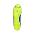 Bottom view of a neon yellow Adidas soccer cleat soleplate with translucent studs, isolated on a black background.