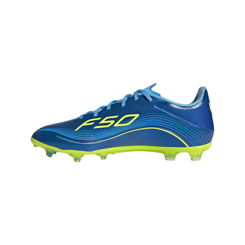 A profile view of a blue and neon yellow Adidas F50 soccer cleat with translucent studs, set against a black background.