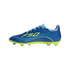 A profile view of a blue and neon yellow Adidas F50 soccer cleat with translucent studs, set against a black background.