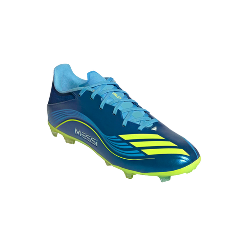 A blue Adidas Messi soccer cleat featuring neon yellow accents, light blue laces, and the word "MESSI" on the side, set against a black background.