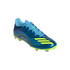 A blue Adidas Messi soccer cleat featuring neon yellow accents, light blue laces, and the word "MESSI" on the side, set against a black background.