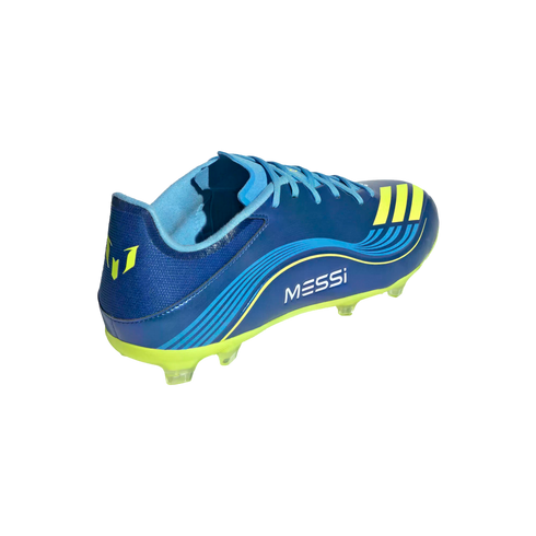 A blue Adidas soccer cleat with lime green accents, the word "MESSI," and his signature logo, shown from a rear side angle against a black background.