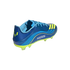 A blue Adidas soccer cleat with lime green accents, the word "MESSI," and his signature logo, shown from a rear side angle against a black background.