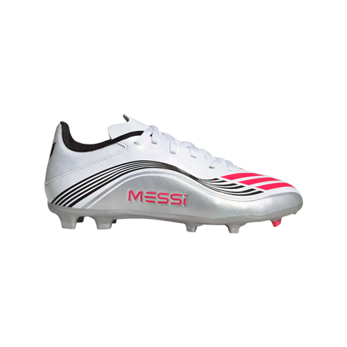 A white and metallic silver soccer cleat with pink "MESSI" text and black wavy stripes, shown from the side against a white background.