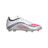 A white and metallic silver soccer cleat with pink "MESSI" text and black wavy stripes, shown from the side against a white background.