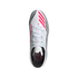 A top-down view of a white Adidas F50 soccer shoe with pink accents and white laces against a plain white background.
