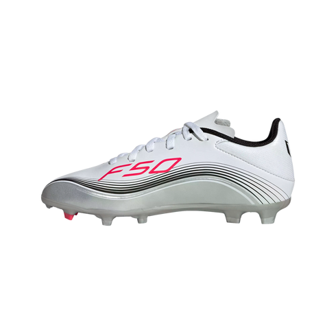Side view of a white and silver Adidas F50 soccer cleat with pink accents and black curved lines.