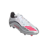An Adidas Messi soccer cleat in white, silver, black, and pink with the name "MESSI" on the side.