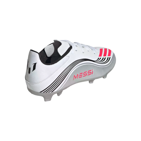 White and silver soccer cleat featuring pink "MESSI" text, black stripes, and pink accents. View from the rear three-quarters.