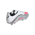 White and silver soccer cleat featuring pink "MESSI" text, black stripes, and pink accents. View from the rear three-quarters.