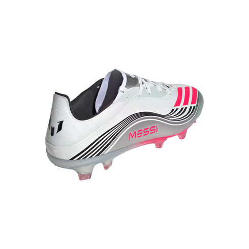 White and silver Adidas Messi soccer cleat featuring "MESSI" branding in pink, black graphic lines, and pink studs.