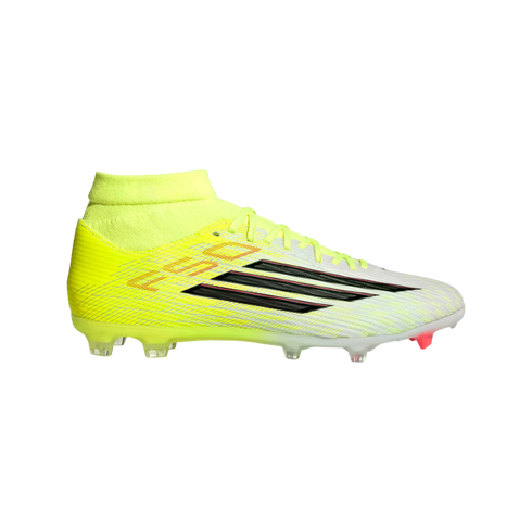 Side view of a yellow and white Adidas soccer cleat with black stripes and a knit collar, isolated on a black background.