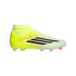 Side view of a yellow and white Adidas soccer cleat with black stripes and a knit collar, isolated on a black background.