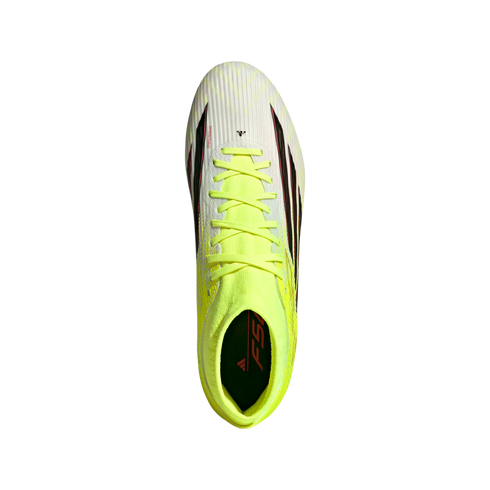 Top-down view of a white and neon yellow Adidas F50 soccer cleat with neon laces, centered against a solid black background.