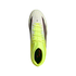 Top-down view of a white and neon yellow Adidas F50 soccer cleat with neon laces, centered against a solid black background.