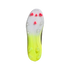 The sole of an Adidas soccer shoe with a neon yellow-to-white gradient and pink triangular studs on the forefoot.