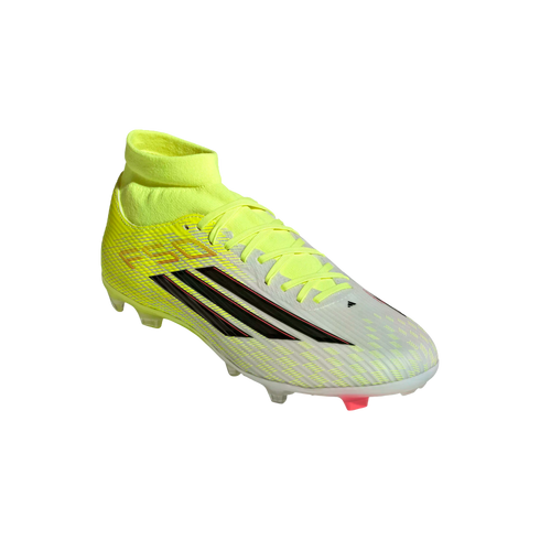 Bright yellow and white Adidas F50 soccer boot with black stripes and red accents. It features a high-top sock collar and is set against a black background.