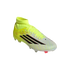 Bright yellow and white Adidas F50 soccer boot with black stripes and red accents. It features a high-top sock collar and is set against a black background.