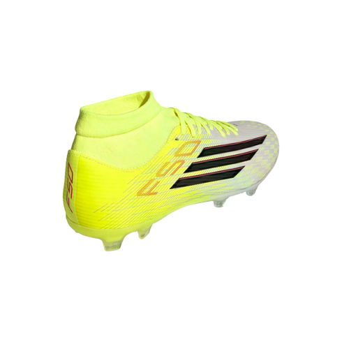 A neon yellow and white Adidas F50 soccer cleat with black stripes and a high-top collar, shown from a side angle against a solid black background.