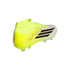 A neon yellow and white Adidas F50 soccer cleat with black stripes and a high-top collar, shown from a side angle against a solid black background.