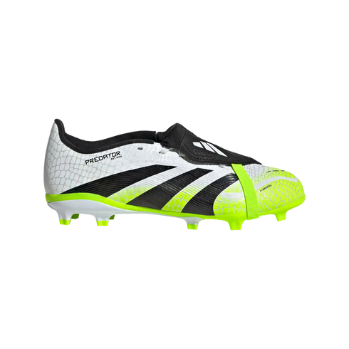 Adidas Predator soccer cleat featuring a white and neon yellow textured upper, three angled black stripes, a black fold-over tongue, and neon yellow studs.