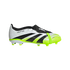 Adidas Predator soccer cleat featuring a white and neon yellow textured upper, three angled black stripes, a black fold-over tongue, and neon yellow studs.