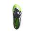 Top-down view of a white, black, and neon yellow Adidas Predator soccer boot with a fold-over tongue, set against a solid black background.