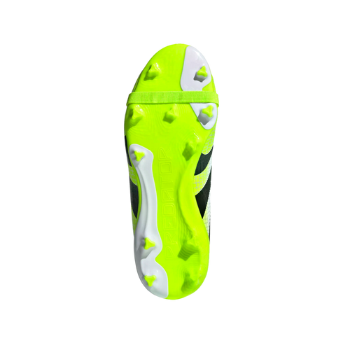A bottom view of a neon green and white soccer cleat soleplate with studs and "PREDATOR" branding, isolated on a black background.