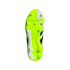 A bottom view of a neon green and white soccer cleat soleplate with studs and "PREDATOR" branding, isolated on a black background.