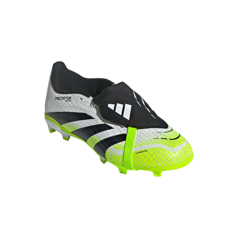 Adidas Predator soccer cleat featuring a white, black, and neon green textured upper with a classic fold-over tongue.
