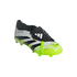 Adidas Predator soccer cleat featuring a white, black, and neon green textured upper with a classic fold-over tongue.