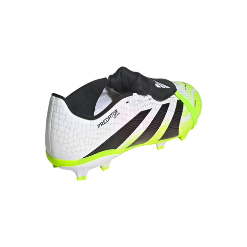 White and lime green Adidas Predator soccer cleat with black stripes, a scale-textured upper, and a fold-over tongue.