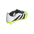 White and lime green Adidas Predator soccer cleat with black stripes, a scale-textured upper, and a fold-over tongue.