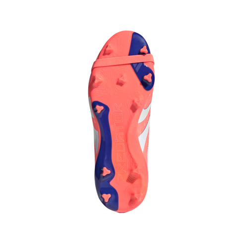 Bottom view of a vibrant orange and blue soccer cleat with triangular studs and "PREDATOR" embossed on the sole.