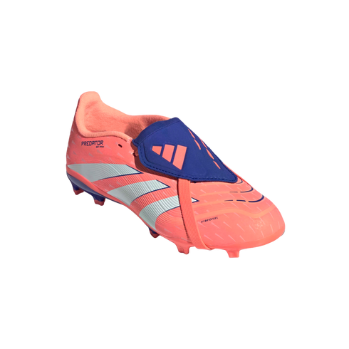 An Adidas Predator soccer cleat in bright pink with a blue fold-over tongue and white stripes on a black background.