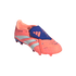 An Adidas Predator soccer cleat in bright pink with a blue fold-over tongue and white stripes on a black background.