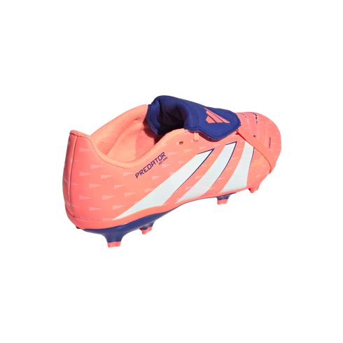 Peach and purple Adidas Predator soccer cleat with white diagonal stripes, isolated on a black background.