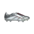 A silver Adidas Predator soccer cleat with maroon and white accents, featuring a fold-over tongue and metallic finish.