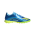 Side profile of a blue Adidas Messi soccer turf shoe with yellow accents, yellow studded sole, and "MESSI" branding on the side, against a black background.