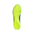 Bottom view of a neon yellow turf soccer shoe featuring a multi-studded rubber outsole for traction.