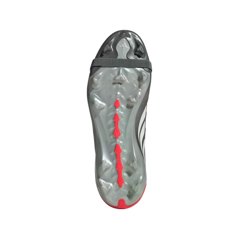 Underside of a grey Adidas soccer cleat outsole with red spine detail and studs.