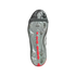 Underside of a grey Adidas soccer cleat outsole with red spine detail and studs.