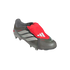 Dark grey Adidas Predator soccer cleat with silver stripes and a bright red fold-over tongue secured by a strap, isolated on a black background.