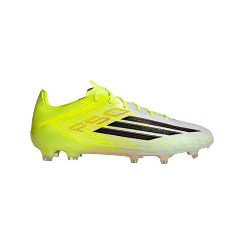 Side profile of a neon yellow and white Adidas soccer cleat with black stripes and red accents against a black background.