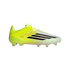 Side profile of a neon yellow and white Adidas soccer cleat with black stripes and red accents against a black background.
