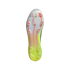 The soleplate of a white and lime green soccer cleat featuring translucent material, red "F50" branding, and orange-accented studs.