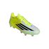 An Adidas F50 soccer cleat in neon yellow and white with black stripes, isolated on a solid black background.