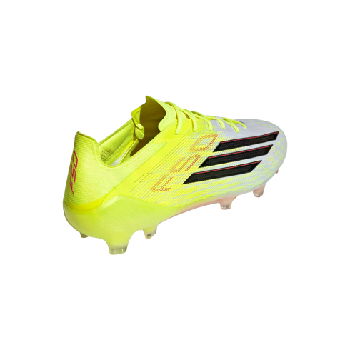 Neon yellow and white Adidas F50 soccer cleat with three black stripes and red accents on a black background.