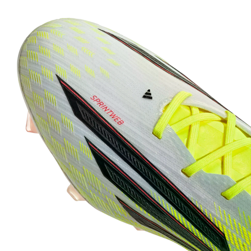 A white Adidas soccer cleat with neon yellow laces, black stripes, and red "SPRINTWEB" text.