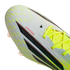 A white Adidas soccer cleat with neon yellow laces, black stripes, and red "SPRINTWEB" text.